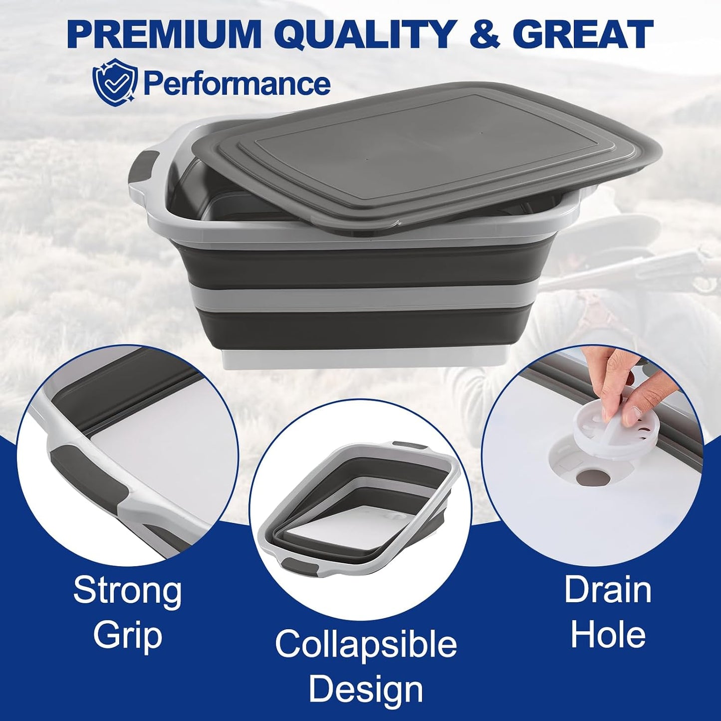Collapsible BBQ Prep Tub with Cutting Board & Lid - XXL 7.95 Gal / 66 lb - Reusable Grilling Accessories - BPA-Free, Hand Wash (Drain Hole) - Outdoor, Boating, Hunting - Gift for Men