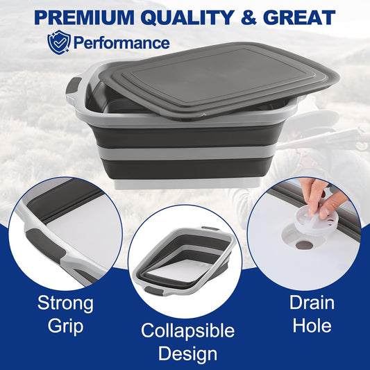 Collapsible BBQ Prep Tub with Cutting Board & Lid - XXL 7.95 Gal / 66 lb - Reusable Grilling Accessories - BPA-Free, Hand Wash (Drain Hole) - Outdoor, Boating, Hunting - Gift for Men