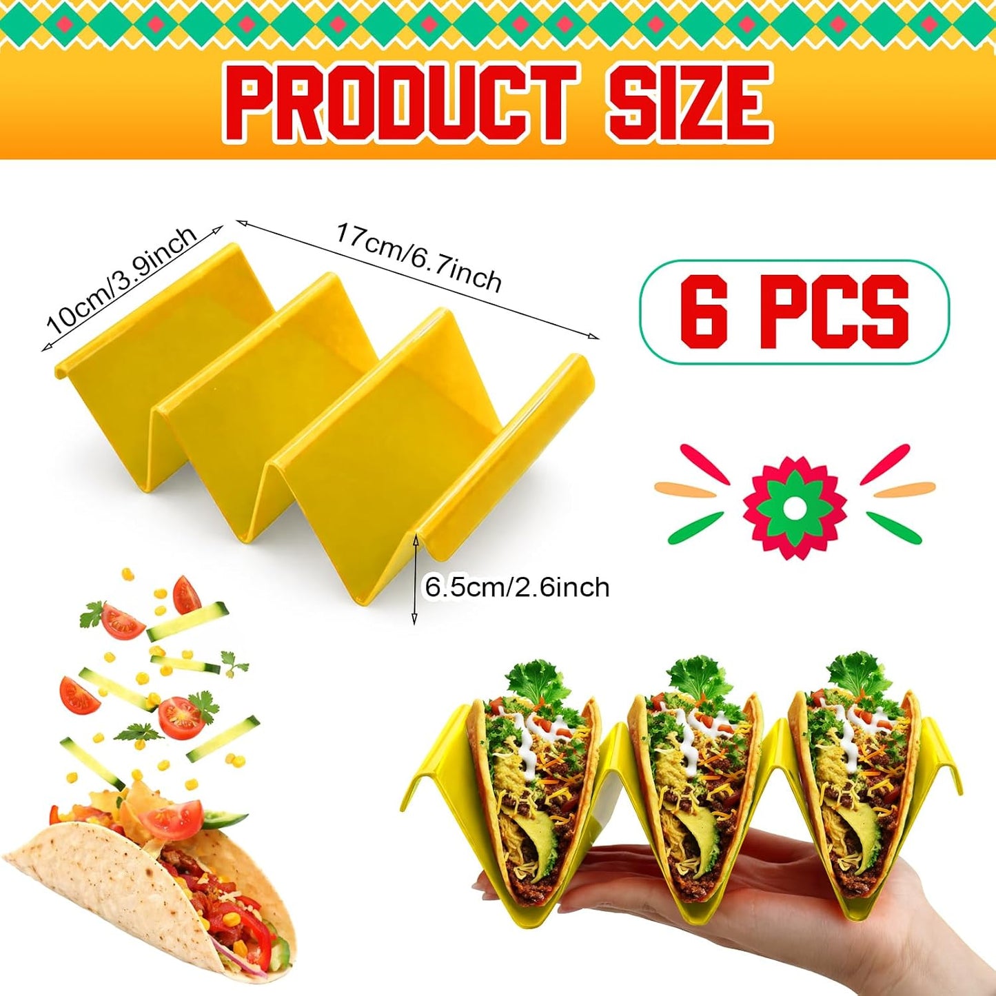 6 Pcs Taco Holder Stands Taco Tuesday Set, Holds Up to 3 Tacos, Premium PP Material Sturdy and Durable, Microwave or Dishwasher Top Rack (Yellow)