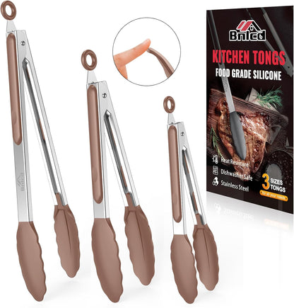 Good Grip Cooking Tongs with Silicone Tips, Set of 3-7" 9" and 12" | 600ºF Heat Resistant, 5-Layer Heavy Duty Stainless Steel, Pull Lock, Non Stick - Kitchen Tongs for Salad, Cooking and Frying