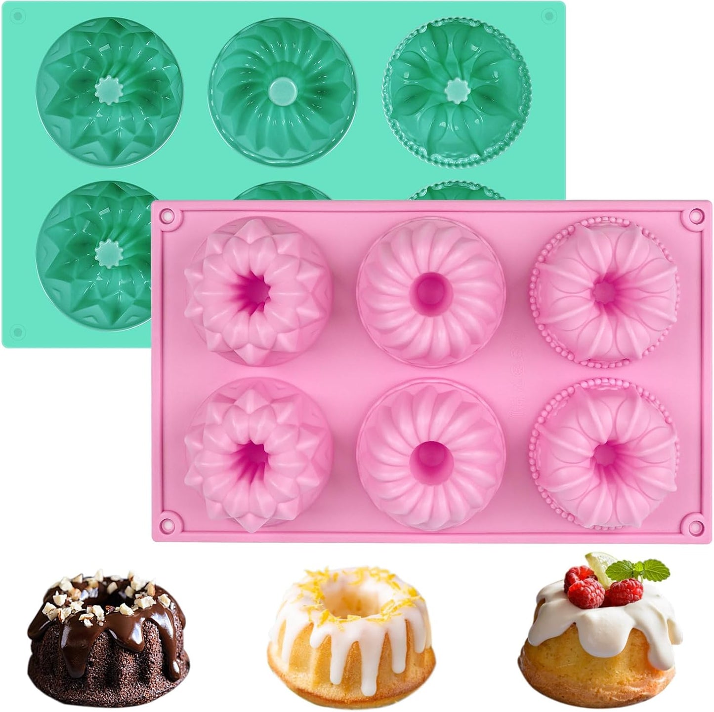 HUAKENER 2 Pcs Mini Fluted Cake Pan, 6-Cavity Fluted Cake Mold, Non-stick Silicone Baking Mold for Cupcakes, Donuts, Cornbread, Brownies, Jellies