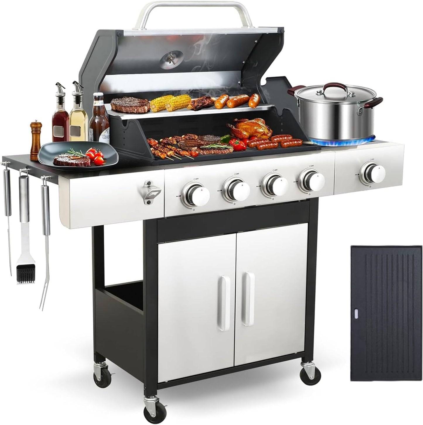 6-Burner BBQ Grill with Side Burner - 69,000 BTU Propane Gas Grill with Cast Iron Grate, Stainless Steel - 620 Sq. In. Cooking Area Cabinet Style Outdoor Grill for Barbecue & Backyard