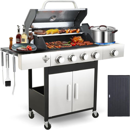 6-Burner BBQ Grill with Side Burner - 69,000 BTU Propane Gas Grill with Cast Iron Grate, Stainless Steel - 620 Sq. In. Cooking Area Cabinet Style Outdoor Grill for Barbecue & Backyard