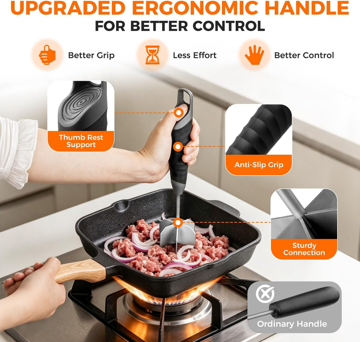 Meat Masher, 304 Stainless Steel Ground Beef Masher with Ergonomic Handle