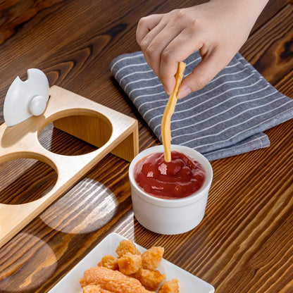 MyGift 10 Pcs Condiment Pot Serving Dish Set, Hosting Essentials, Premium Acacia Solid Wood Raised Display Server Tray and 3 Ceramic Ramekin Dip Bowls with Lids and Spoons