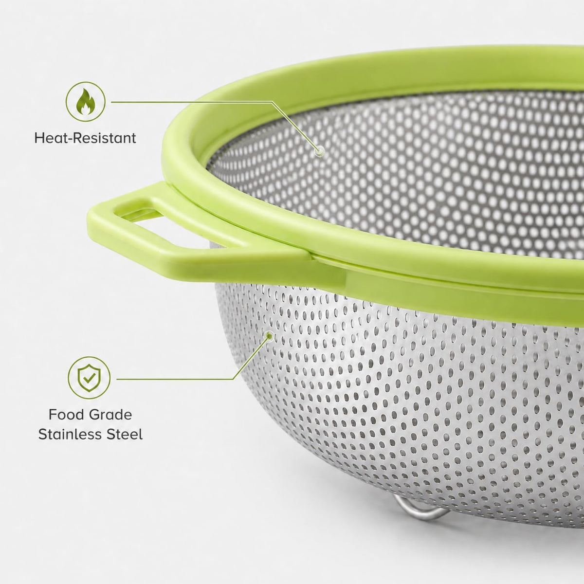 HiramWare Stainless Steel Colander with Handle and Legs, 5 Qt, Green