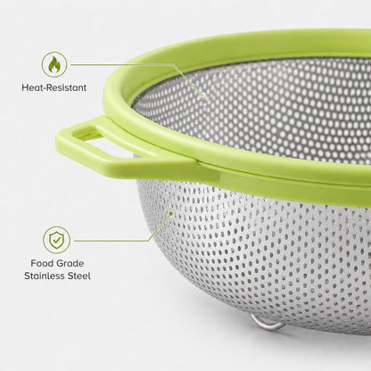HiramWare Stainless Steel Colander with Handle and Legs, 5 Qt, Green