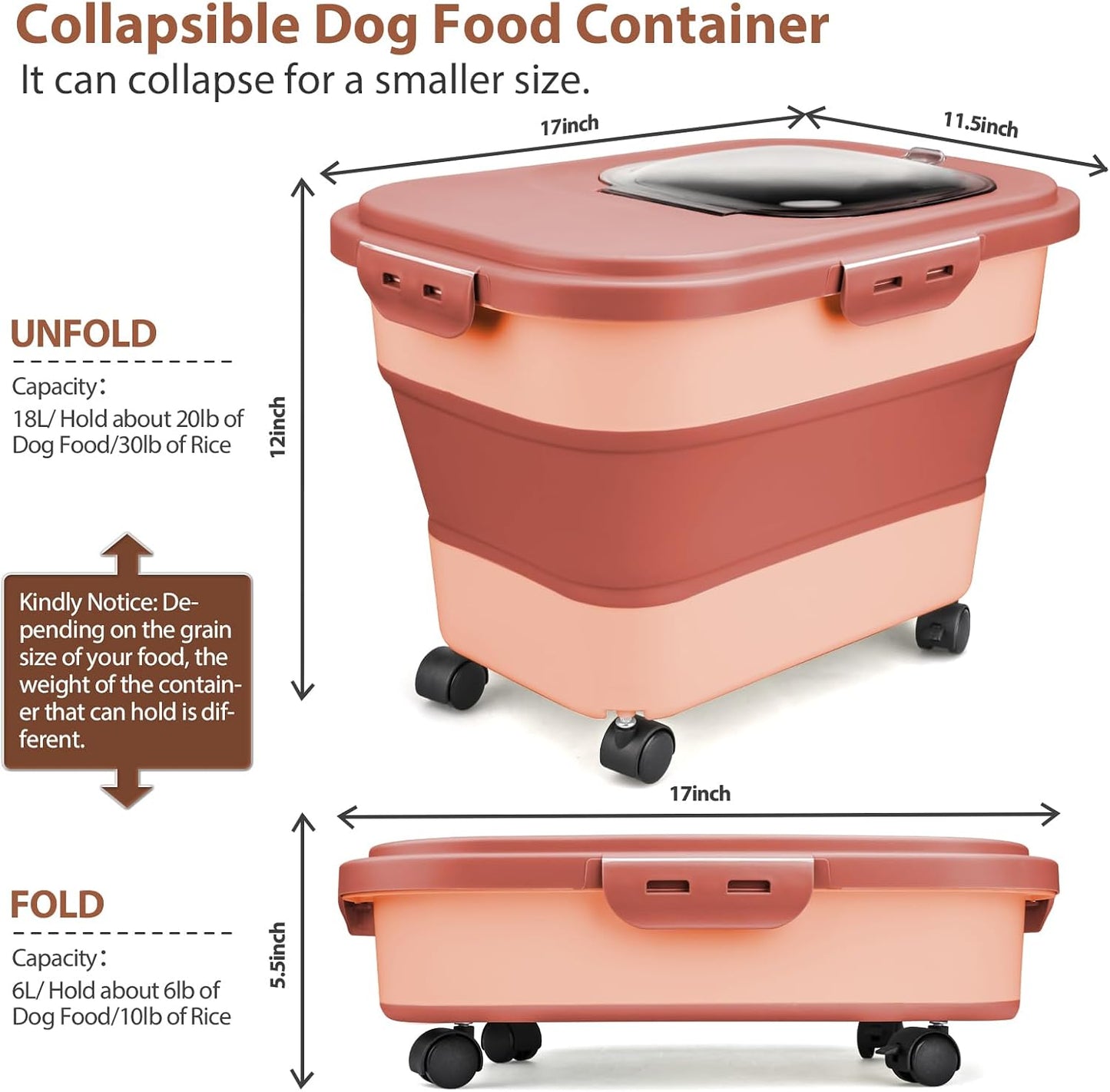 Viretec Dog Food Storage Container, 10-20Lbs Collapsible Pet Food Storage Containers with Rolling Wheel Airtight Locking Lid, Dry Food Storage Bin with Cup and Scoop,Suitable for Pet Food, Rice, Flour