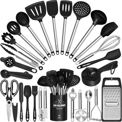 Kitchen Utensils Set- Umite Chef 34 PCs Cooking Utensils with Grater, Spoon Spatula, Heat Resistant Food Grade Silicone, Stainless Steel Handles Kitchen Gadgets Tools Set for Nonstick Cookware(Red)