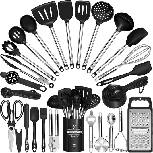 Kitchen Utensils Set- Umite Chef 34 PCs Cooking Utensils with Grater, Spoon Spatula, Heat Resistant Food Grade Silicone, Stainless Steel Handles Kitchen Gadgets Tools Set for Nonstick Cookware(Red)