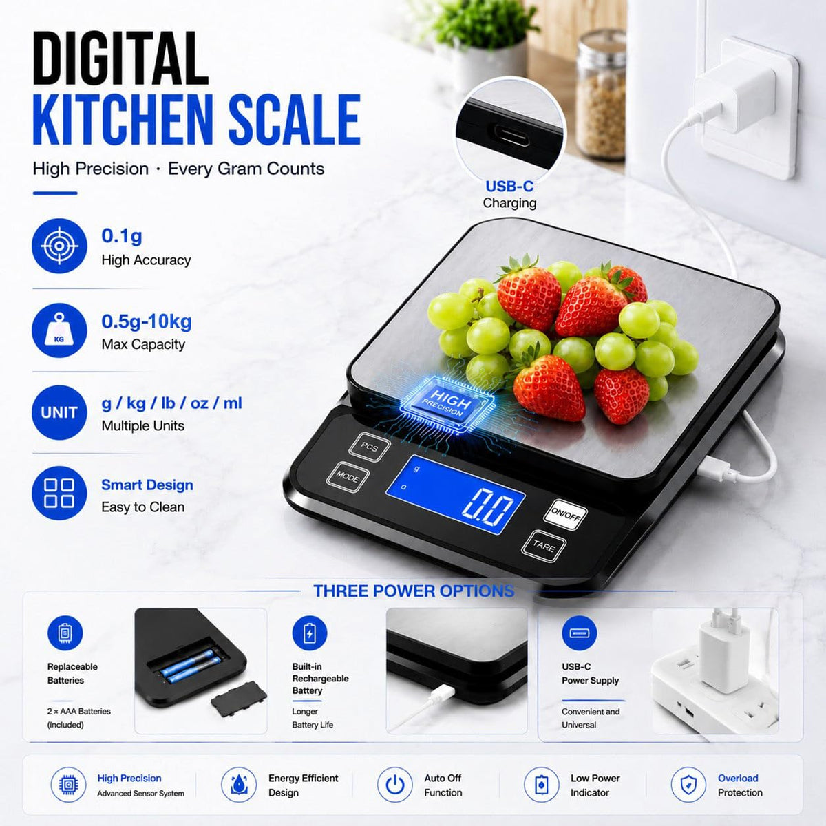 Waterproof Digital Kitchen Scale 0.1g/0.001oz Precision, Stainless Steel Electronic Scale with 3 Power Options (Rechargeable/AAA/Built-in), 10 Units Conversion, Smart Standby, 5kg/11lb Capacity