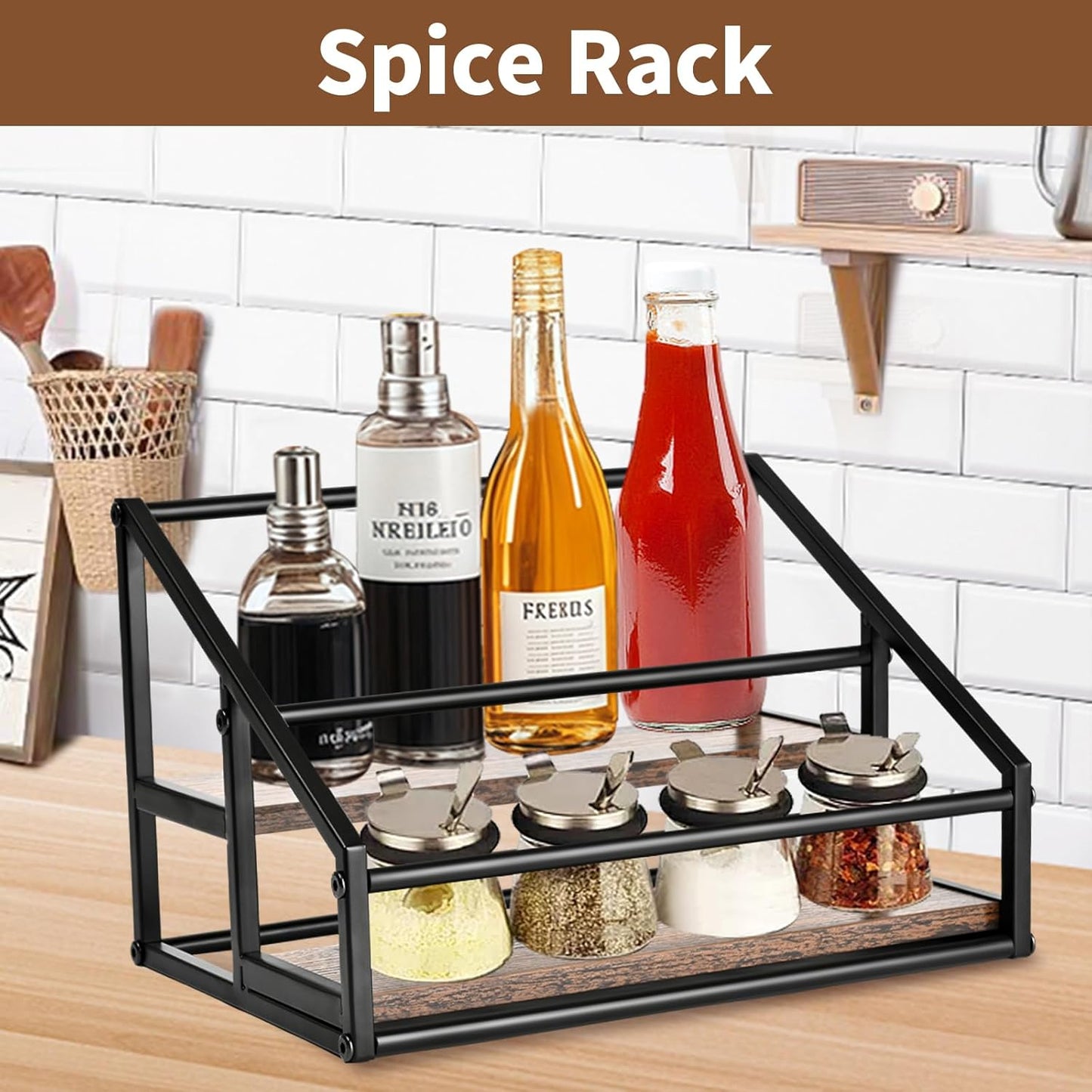 YQBRAO Coffee Syrup Rack Organizer,Liquor Bottle Display Shelf,2-Tier 4 Bottle Stand for Coffee Bar, Kitchen Station, Liquor, Wine, Dressing,Rustic Brown