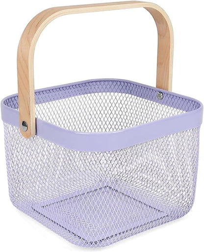 AJIODA Metal Mesh Wire Basket, Large Steel Basket with Wooden Handle Storage Organizer Basket Multi-functional Hanging Kitchen Baskets Fruit Baskets for Kitchen Bathroom Cabinet Pantry Snacks, Black
