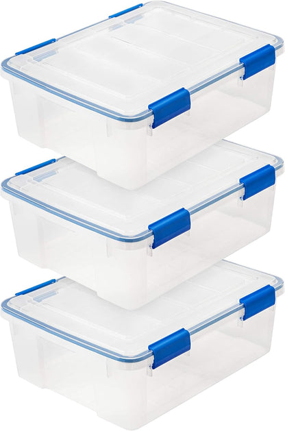 IRIS USA WeatherPro 16 Qt Storage Bins with Lids, 3 Pack, BPA-Free Plastic Gasket Box with Tight Latch and Seal, Stackable Nestable Tote Tub - Clear/Blue