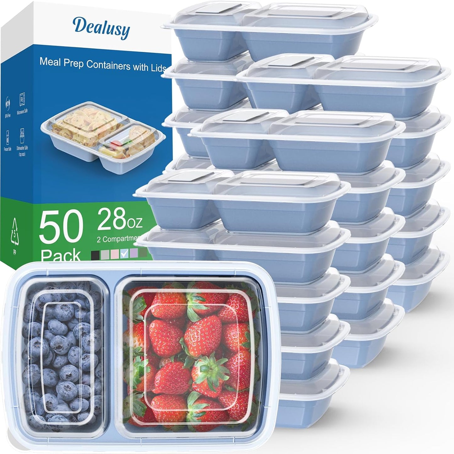 Dealusy 50 Pack (100-Piece) 28 oz Meal Prep Containers Reusable with Lids 2-Compartment, Sturdy Leakproof Food Safe, Microwave Freezer Dishwasher Safe, To Go Take Out Plastic Food Storage, Black