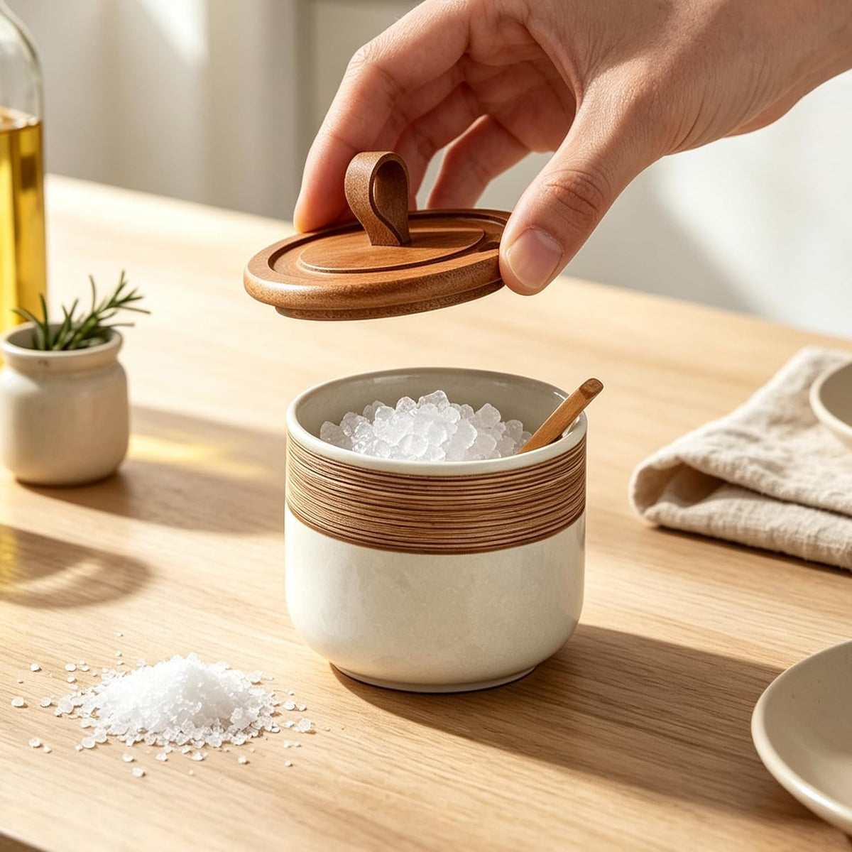 Ceramic Salt Cellar Bamboo Lid Spoon 3.5" Wide 12oz