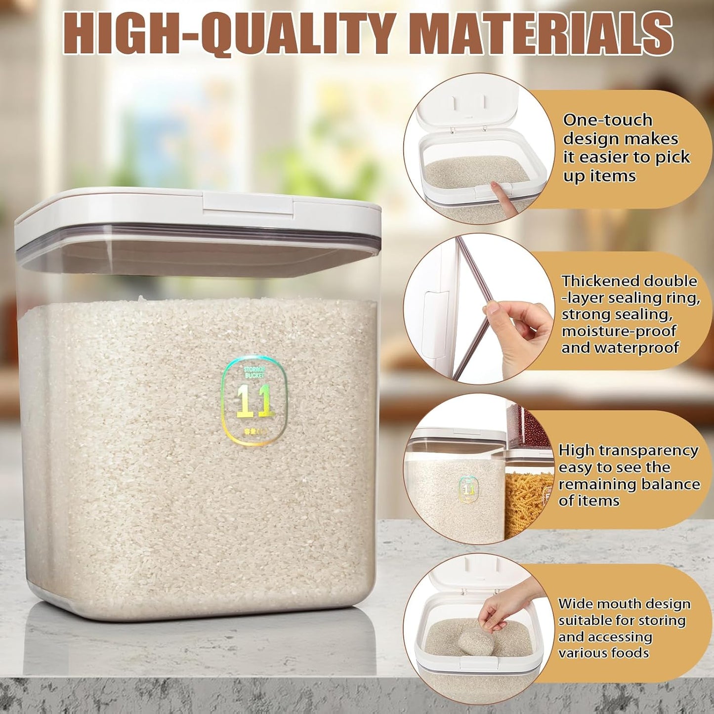 3 Pack Rice Storage Container 11.6 QT/5.8 QT/2.1 QT Flour Dispenser with Measuring Cup and Label Stickers for Kitchen Pantry Organization Storage Bins with Pop-up Lid for Food for Pasta Sugar Cereal