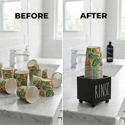Bathroom Cup Dispenser, Farmhouse Dixie Cup Holder, 3 oz 5 oz Paper Mouthwash Cup Storage Box, Wooden Disposable Cup Caddy, Water Dispenser Cup Holder for Counter top (Black)