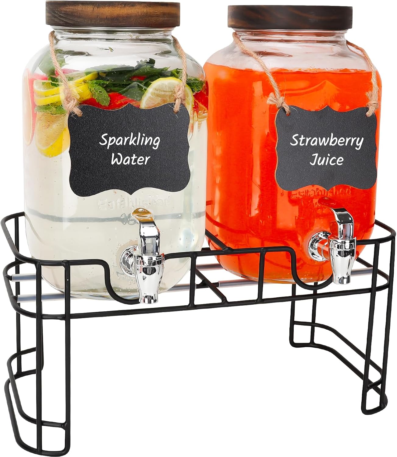 Glass Drink Dispensers For Parties, 2 PACK 1 Gallon Beverage Dispenser With Stand And Spigot Leak proof. Lemonade Dispenser With Ice Cylinder and Chalk board