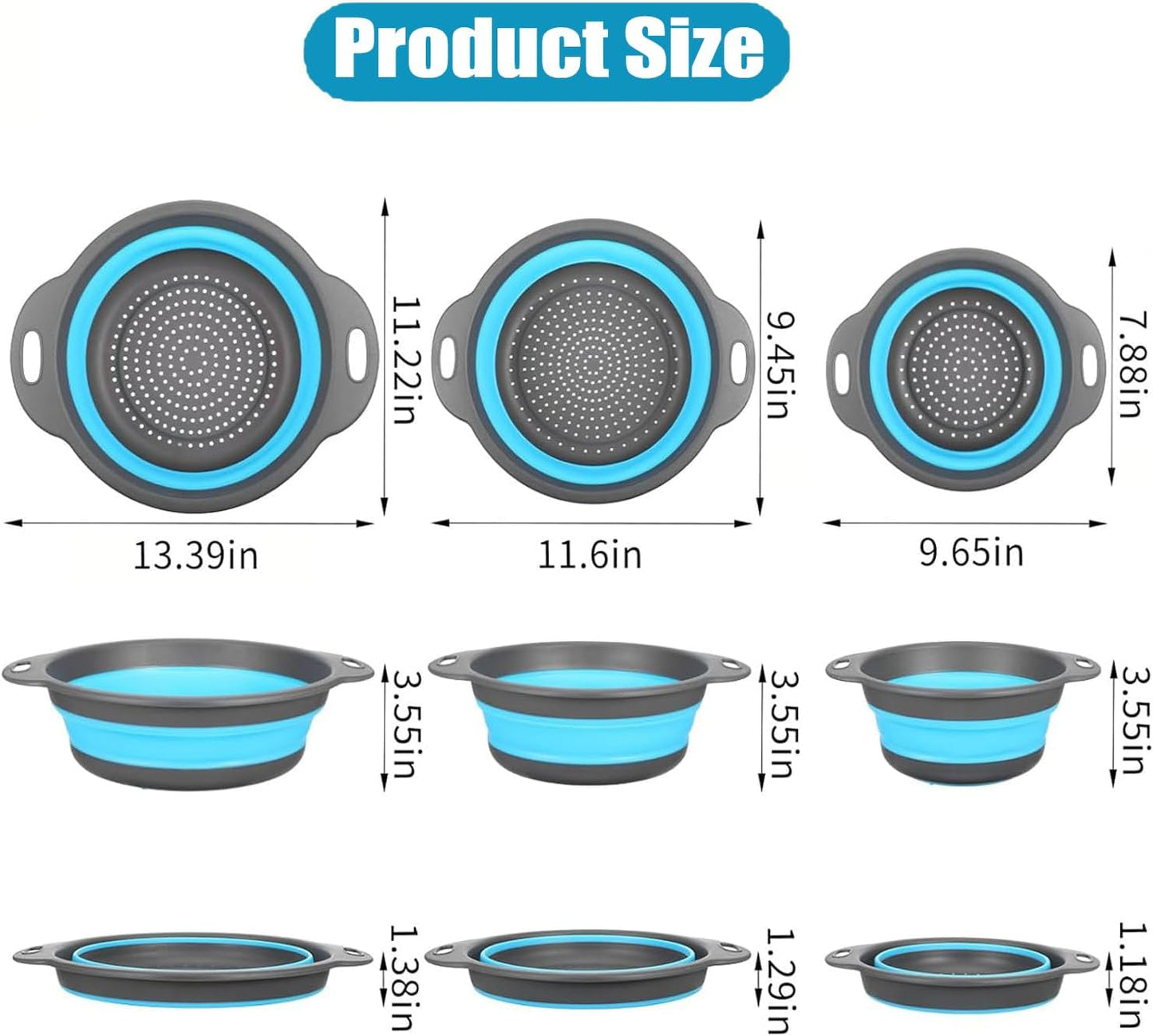 Collapsible Colanders Food Strainers, 3-Pack Foldable Kitchen Strainers with Over-Sink Water Draining Tray, Space Saving Kitchen Drainer for Vegetables, Fruit, Pasta and Rice (White-Gray)