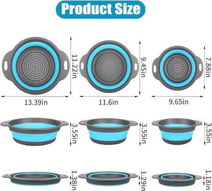 Collapsible Colanders Food Strainers, 3-Pack Foldable Kitchen Strainers with Over-Sink Water Draining Tray, Space Saving Kitchen Drainer for Vegetables, Fruit, Pasta and Rice (White-Gray)
