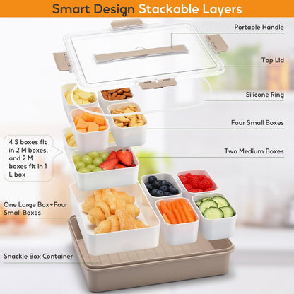 Snackle Box Container for Adults, 11 in 1 Divided Serving Tray Snack Box Containers with Stackable Compartment and Handle, Customizable Charcuterie Boxes Portable Snack Platter for Party Travel, Brown