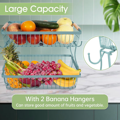 Fruit Basket Bowl 2 Tier Detachable with 2 Banana Hangers, Fruit Stand Holder for Kitchen Countertop, Metal Wire Vegetable Storage Organizer, for Bread Snack Veggies Produce, Black