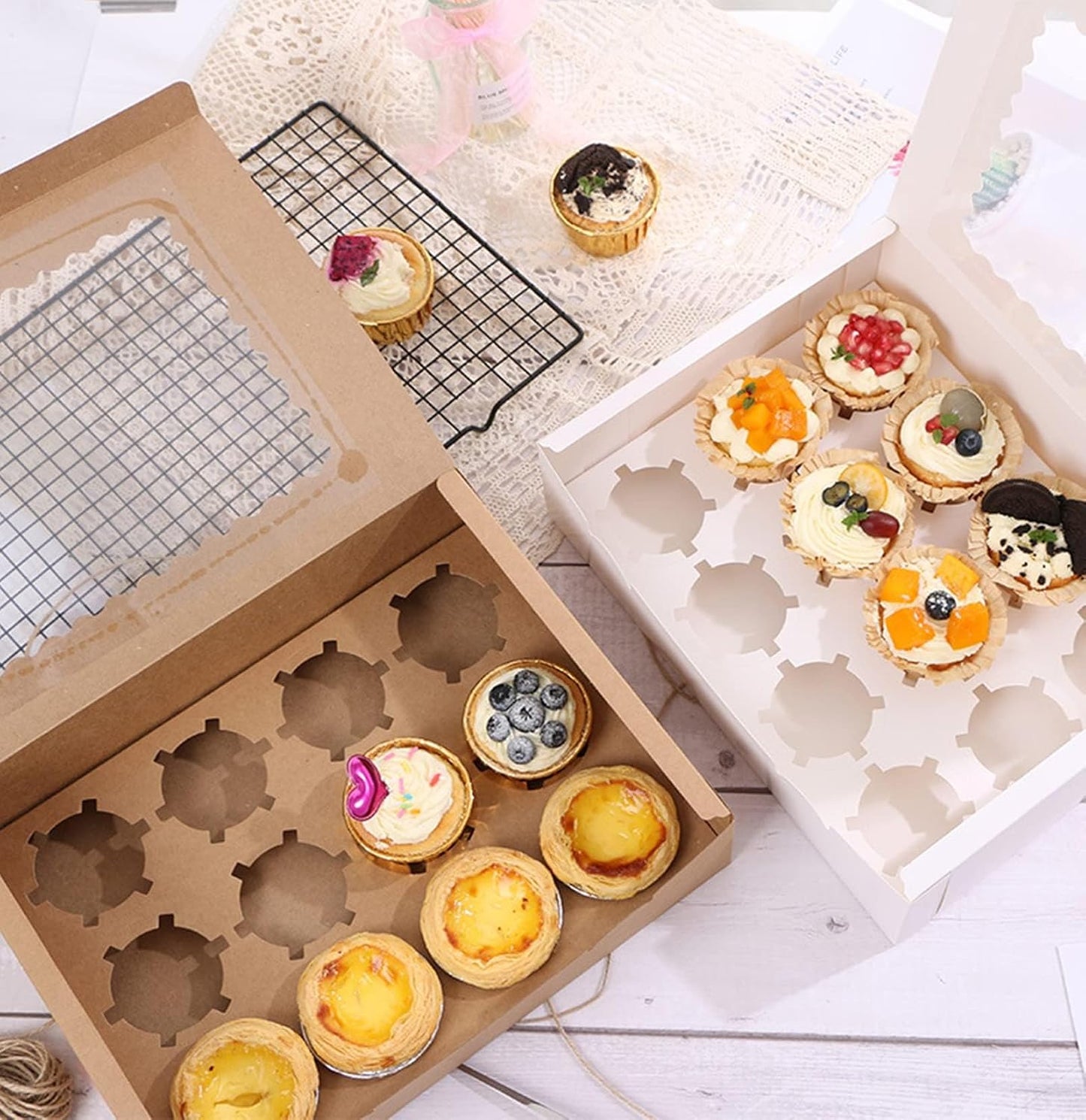 3-Set Cupcake Boxes Bulk with Clear Display Window Hold 12 Standard Cupcakes, Disposable Food Grade White Cupcake Carrier Cupcake Container, Perfect for Cupcakes Muffins Cookies Pastries