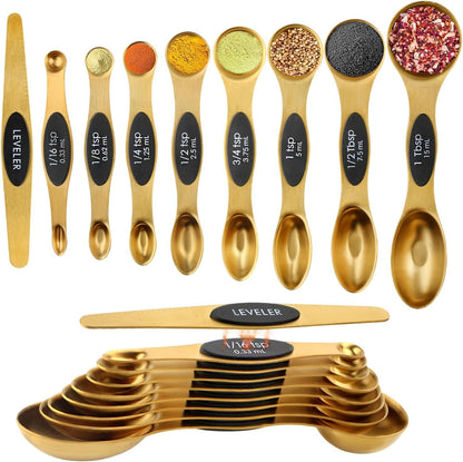 Magnetic Measuring Spoons Set Stainless Steel with Leveler, Dual-Sided Metal Measuring Spoons for Baking & Cooking, Fits in Spice Jars, Must-have Kitchen Gadgets, 8 Measuring Spoons & 1 Leveler, Black