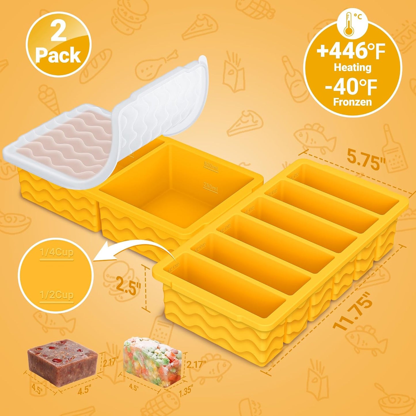 4-Pack Silicone Freezer Trays with Lid,2*【2 Large 2-Cup(500ml)&6 Small 1/2-Cup(125ml)】Soup Freezer Container Molds,Ice Cube Tray For Meal Prep&Freezing Soup,Stews,Sauces,Oven&Dishwasher-Safe