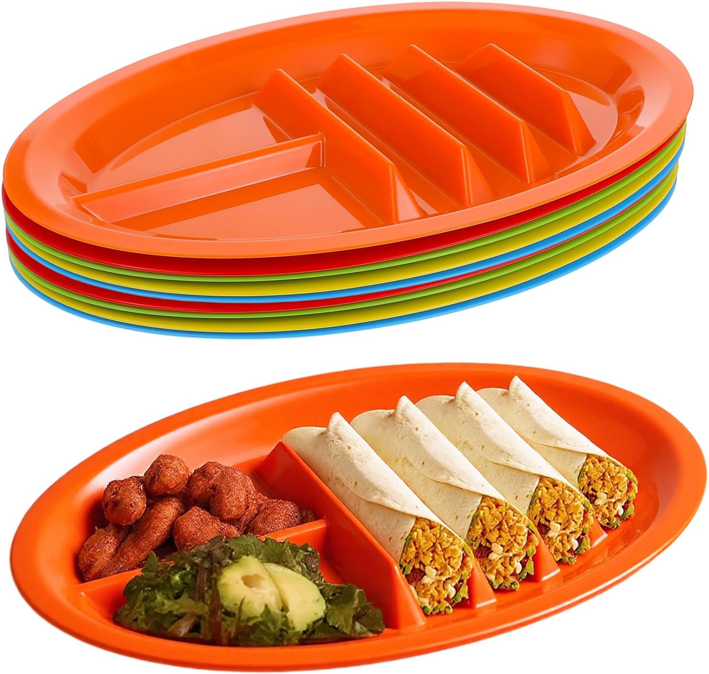 10 Pcs Plastic Taco Plates for Party, Plastic Taco Plates with Dividers Large Taco Holder with 2 Dipping Areas, Stand Up Divider for 3 Tacos, BPA Free, Dishwasher Safe, Colorful