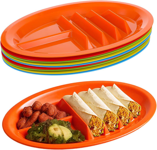 10 Pcs Plastic Taco Plates for Party, Plastic Taco Plates with Dividers Large Taco Holder with 2 Dipping Areas, Stand Up Divider for 3 Tacos, BPA Free, Dishwasher Safe, Colorful