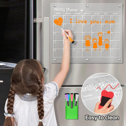 Acrylic Magnetic Dry Erase Board for Fridge, Set of 3 Transparent Monthly & Weekly Planning Boards, Includes 6 Dry Erase Markers, 1 Eraser and Magnetic Pen Holder