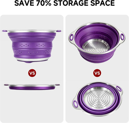 Mejoncb Collapsible Colander – Platinum Silicone Strainer with Stainless Steel Base, BPA-Free & Heat Resistant Kitchen Drain Basket (Gery)