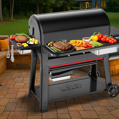 Upgraded Grill Table for Weber Kettle 22"/18"/26", Master Touch 22", Smokey Mountain, Recteq Pellet Grill RT-B380, Prep Station with Cutting Board, Basin, 4 Hooks, Shelf for Weber Kettle Accessories