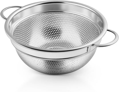 P&P CHEF Colander Strainer Stainless Steel 3 Quart, Metal Micro-Perforated Colander for Kitchen Food, Ideal for Rinsing Washing Draining, Dishwasher Safe, Shiny Silver, 2PCS