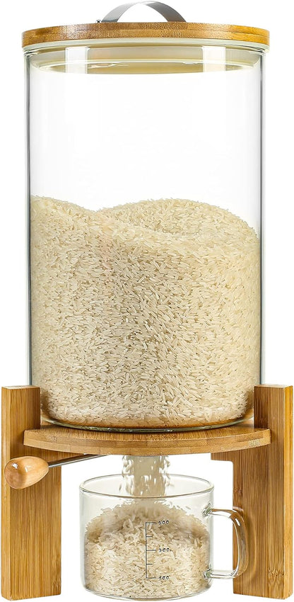 Rice Dispenser, Rice Storage Container：Flour and Cereal Container with Airtight Lid and Wooden Stand, Glass Food Storge Container for Kitchen Organization and Pantry Store (5L)
