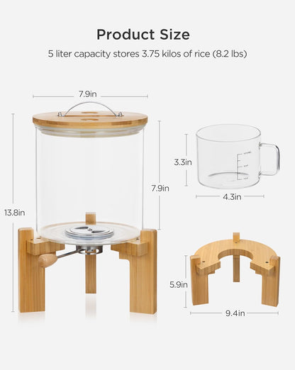 HBlife 5-7 Lbs Glass Rice Dispenser with Wooden Stand Flour and Cereal Container with Glass Measuring Cup Pantry Food Organization Storage Bin with Airtight Bamboo Lid, 3L