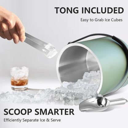 Bakpoco Insulated Ice Bucket with Silicone Lid, Scoop, Tongs & Strainer, 3L Stainless Steel Double Wall Ice Buckets for Parties & Cocktail Bar, Champagne Ice Bucket with Lid for Freezer, Ivory