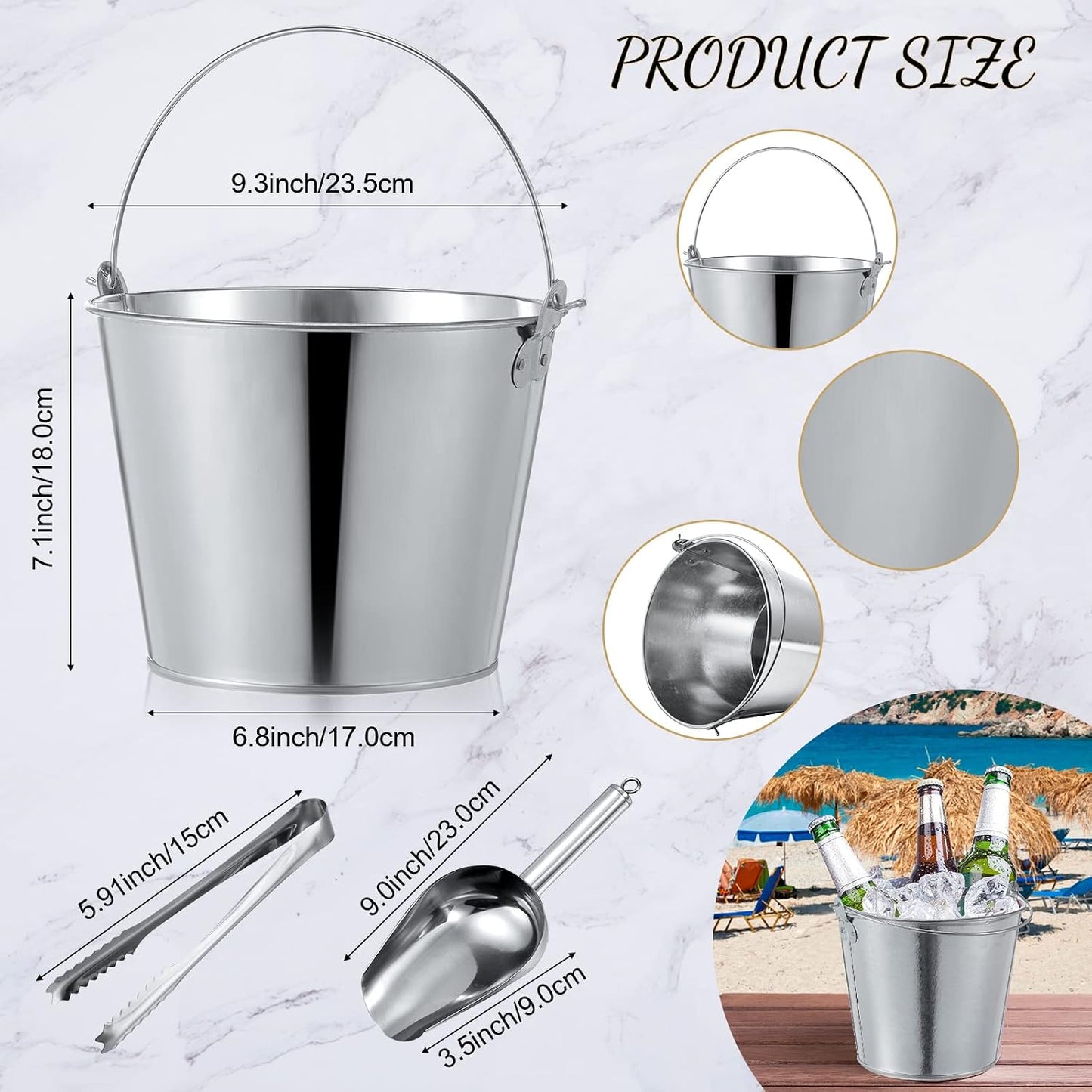 Zopeal 12 Pcs Galvanized Beer Bucket Set, Includes 8 Metal Ice Buckets 5qt with 2 Scoops & 2 Tongs, Round Slive Pails Bulk for Weddings Birthday Beach Pool Party Supplies Summer Table Centerpieces