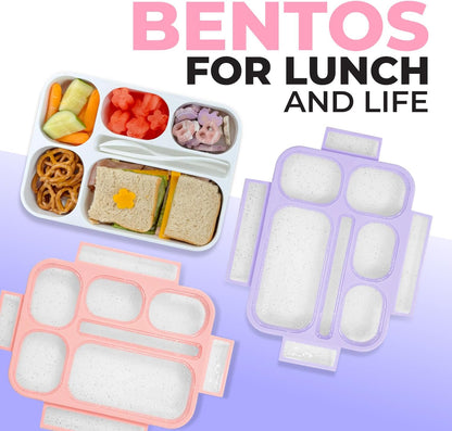 Glitter Lunch Box for Girls, Bento Boxes for School, Pre-School, Toddler Daycare, Travel. Kids Snack Containers, 6 Divided Leak Proof Compartments, BPA Free, Cute 2 Pack Set, Utensils, Pink & Purple
