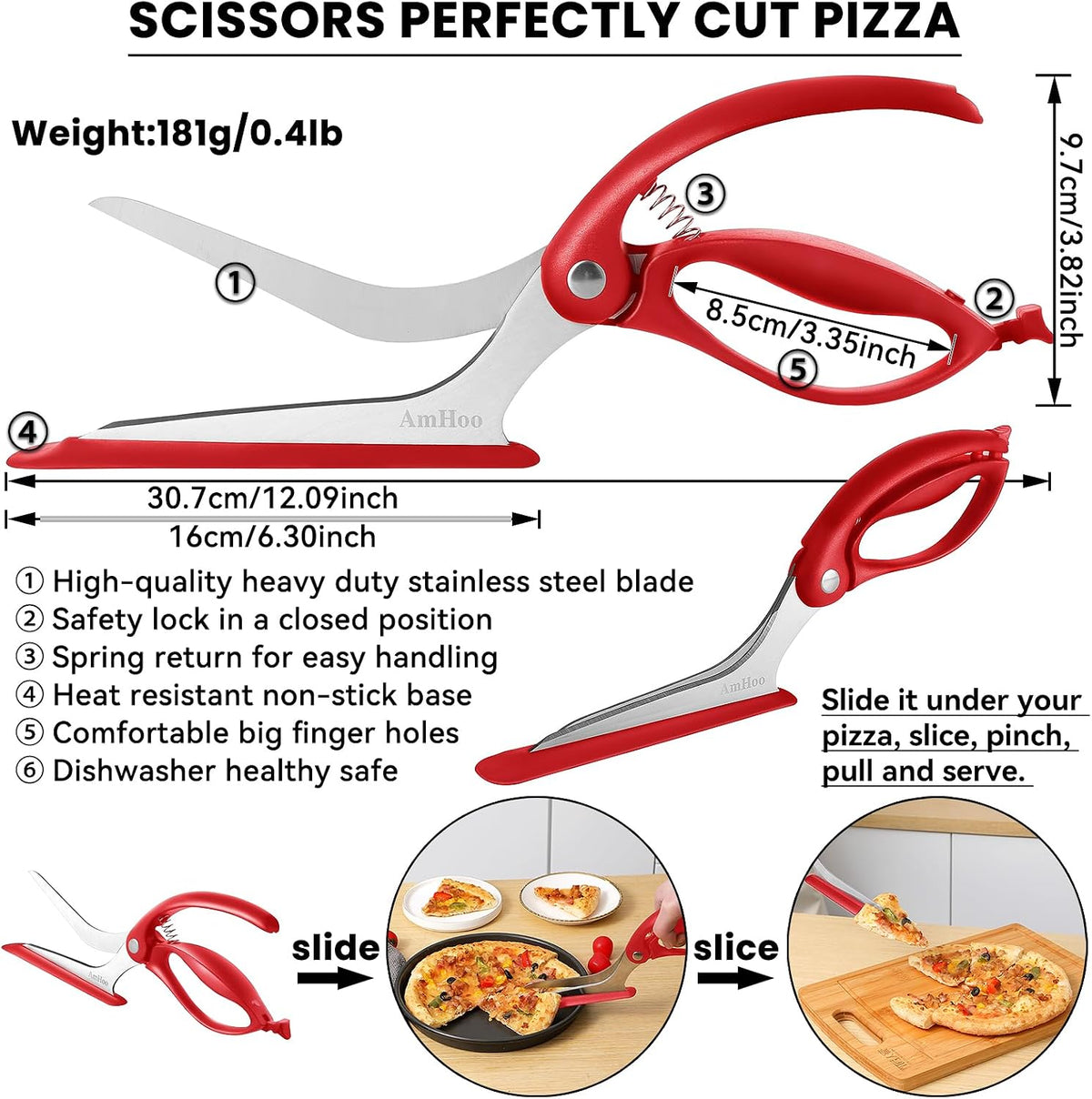 AmHoo Pizza Scissors Stainless Steel Blade Salad Pizza Slicer Pizza Cutter Scissors with Server Highly enjoy Excellent Gifts Red