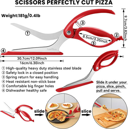 AmHoo Pizza Scissors Stainless Steel Blade Salad Pizza Slicer Pizza Cutter Scissors with Server Highly enjoy Excellent Gifts Red