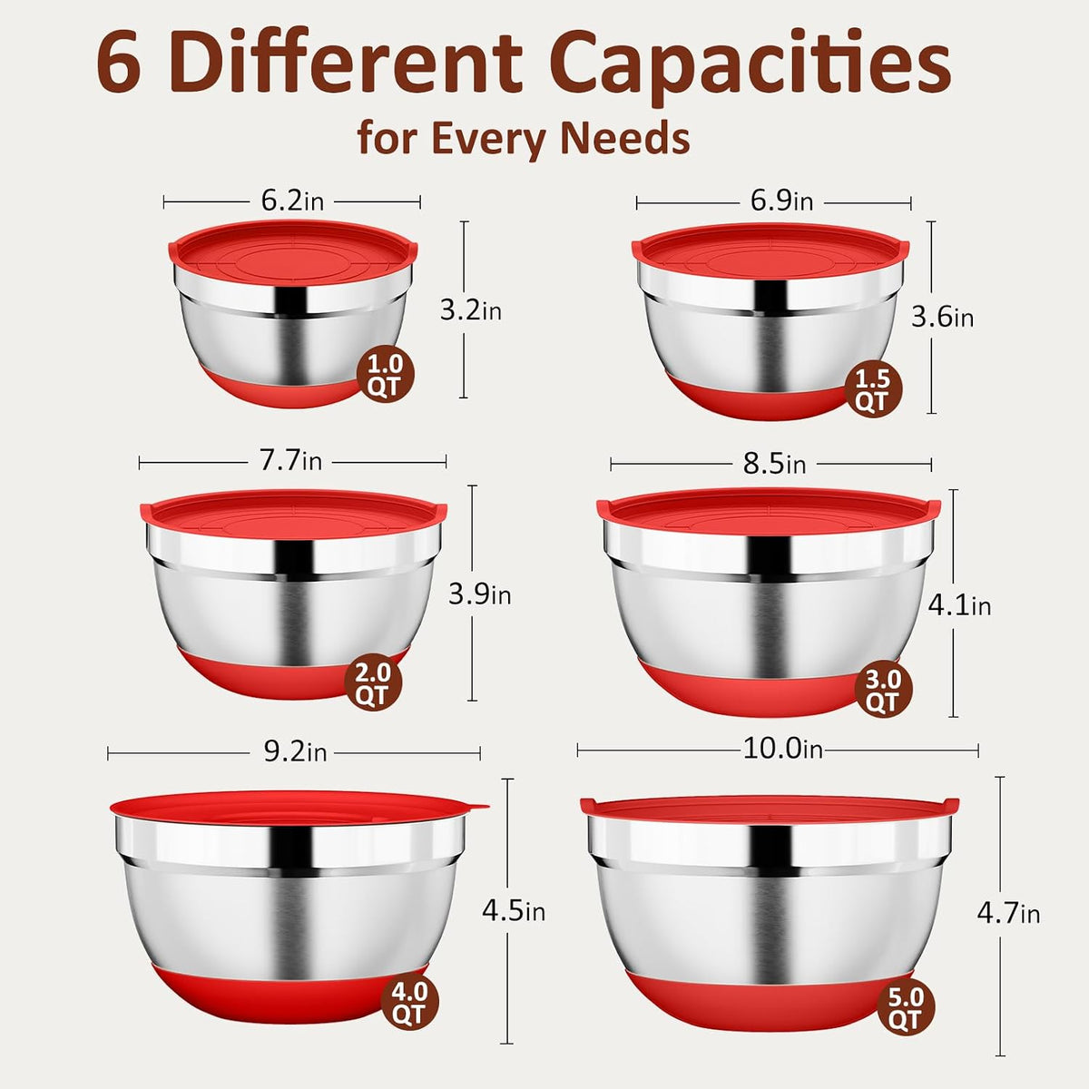 9 Pack Mixing Bowls with Airtight Lids & Grater Attachments, Khaki