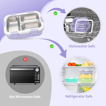 Kids Stainless Steel Bento Box, 3 Compartments Leakproof Lunch Box, Portable Food Storage Containers with Silicone Lids BPA-Free for Office, Picnics, Travel, Blue