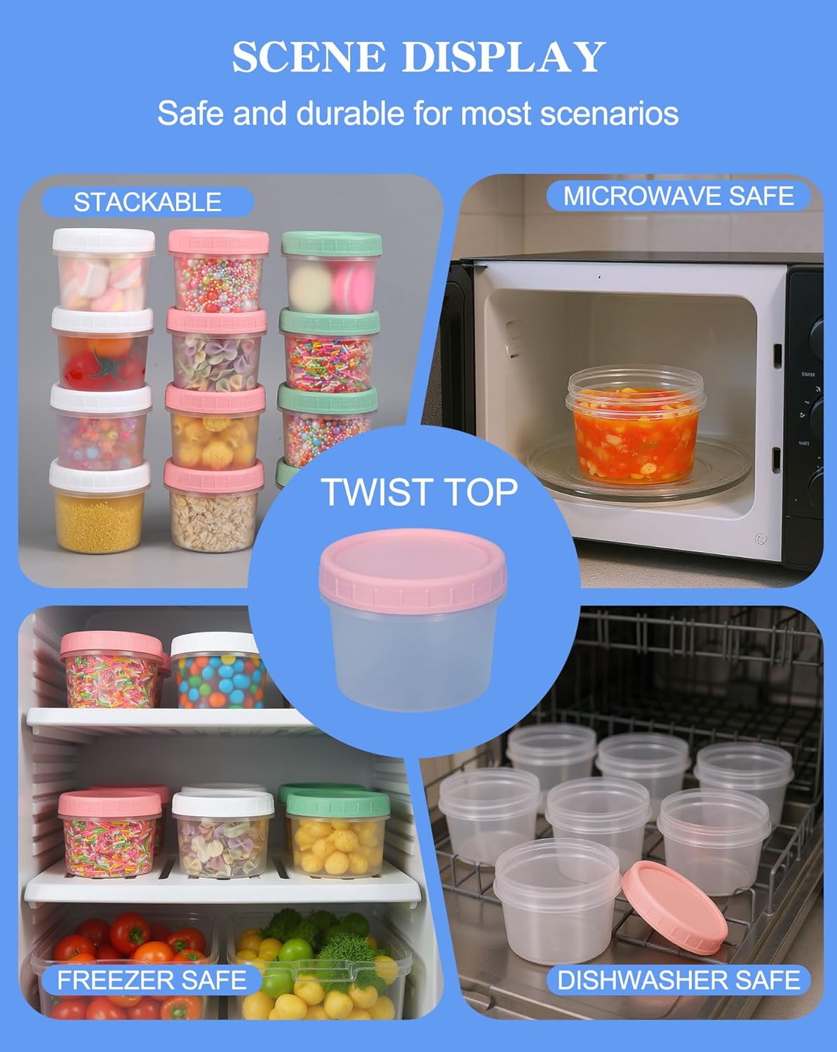 6 Pack 10oz Food Storage Containers, Plastic Containers with Twist Top Lid, Reusable Dishwasher Freezer Safe Airtight, Takeout Container - Ideal for Soup and More