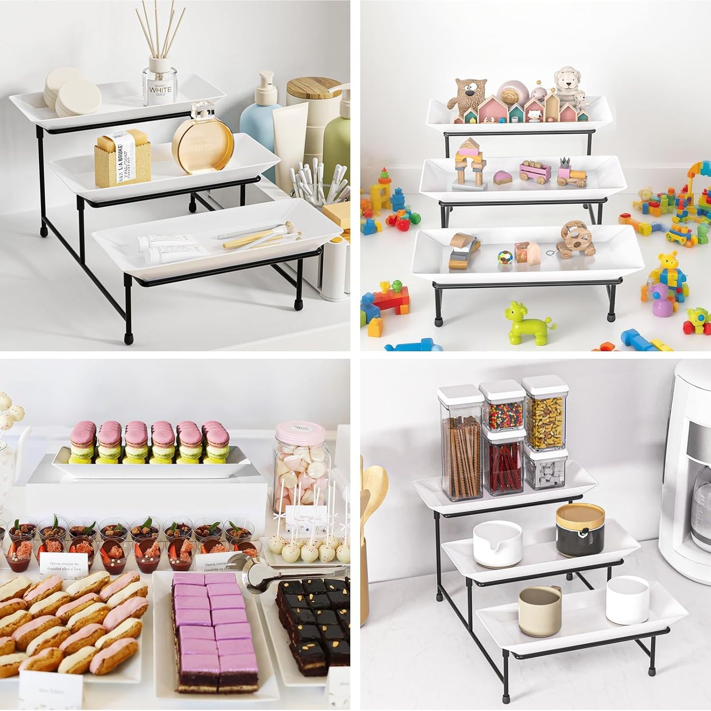 3 Tier Servings Tray for Party, 12"x6" Tiered Serving Platters with Steel Display Stand for Sevring Food,Cookies,Veggie, Dessert,Fruit, Black