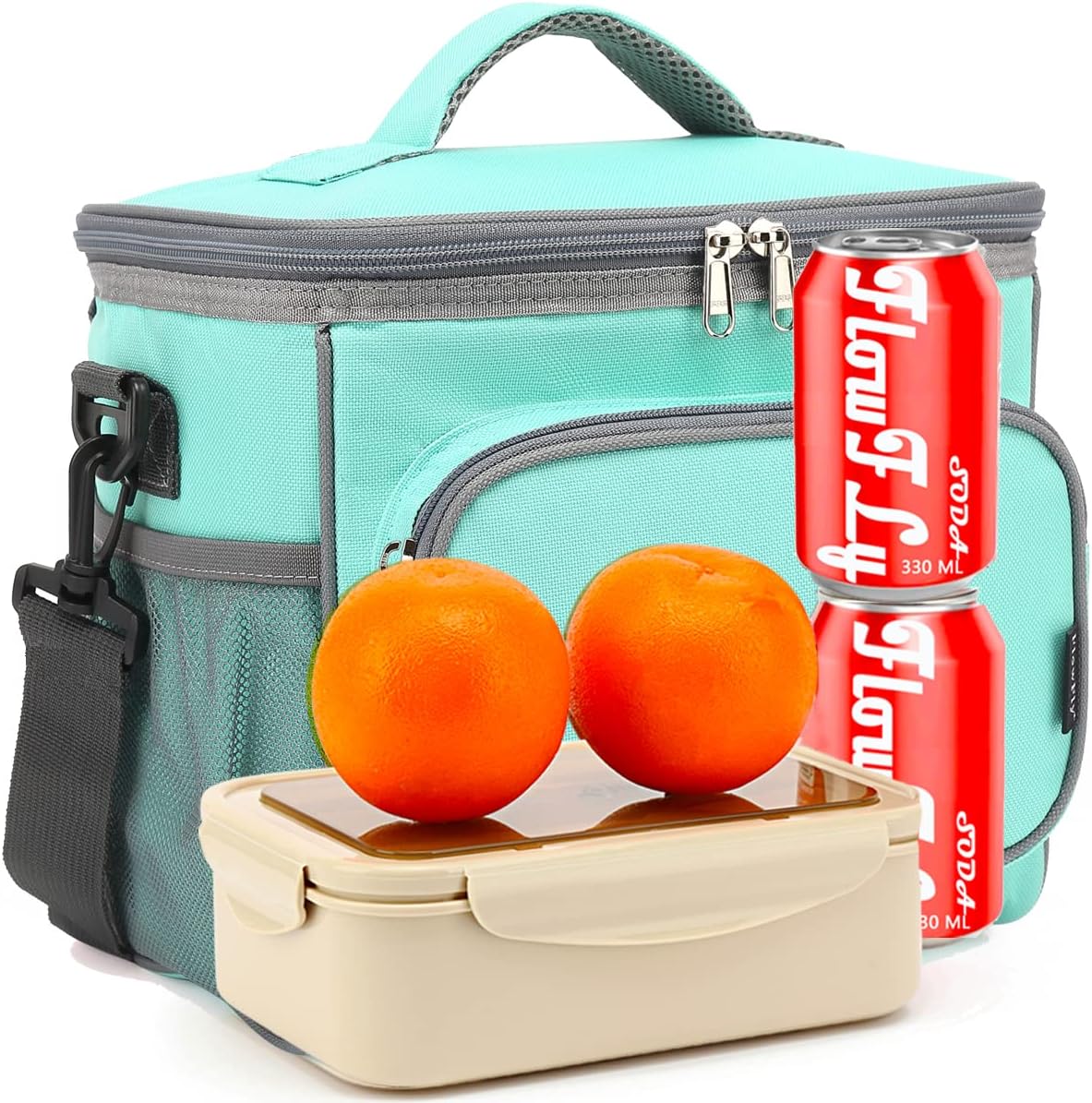 FlowFly Insulated Reusable Lunch Bag Adult Large Lunch Box for Women and Men with Adjustable Shoulder Strap,Front Zipper Pocket and Dual Large Mesh Side Pockets,Cherry - Colors B