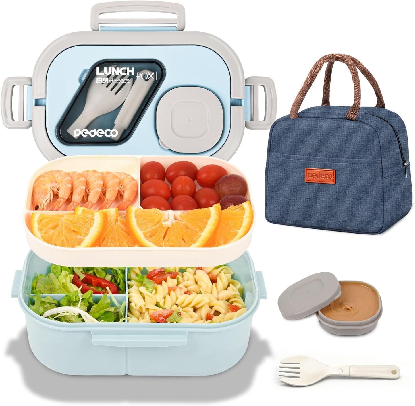 PEDECO All-in-one Bento Lunch Box Set for Adults & Kids with Insulated Bag, Leakproof 3-Compartment and 2-Tier Stackable Container with Portable Sauce Pod, Microwave/Dishwasher Safe, BPA-Free (White)