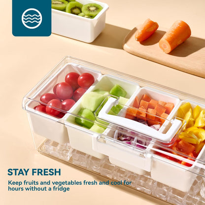Luckore 2 Pack Chilled Condiment Tray Server with 5 Removable Small Compartments Containers & Hidden Handle Design, Ice Chilled Condiment Organizer, Garnish Serving Tray for Camping, Fruit, Salad